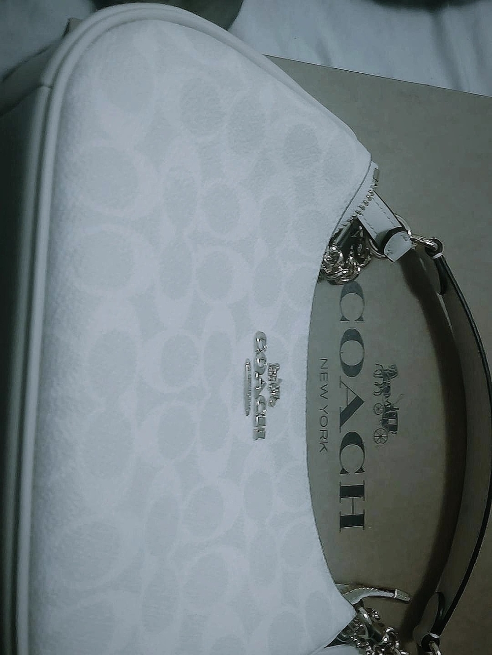 Coach White Signature Canvas Shoulder Bag with Polished Hardware